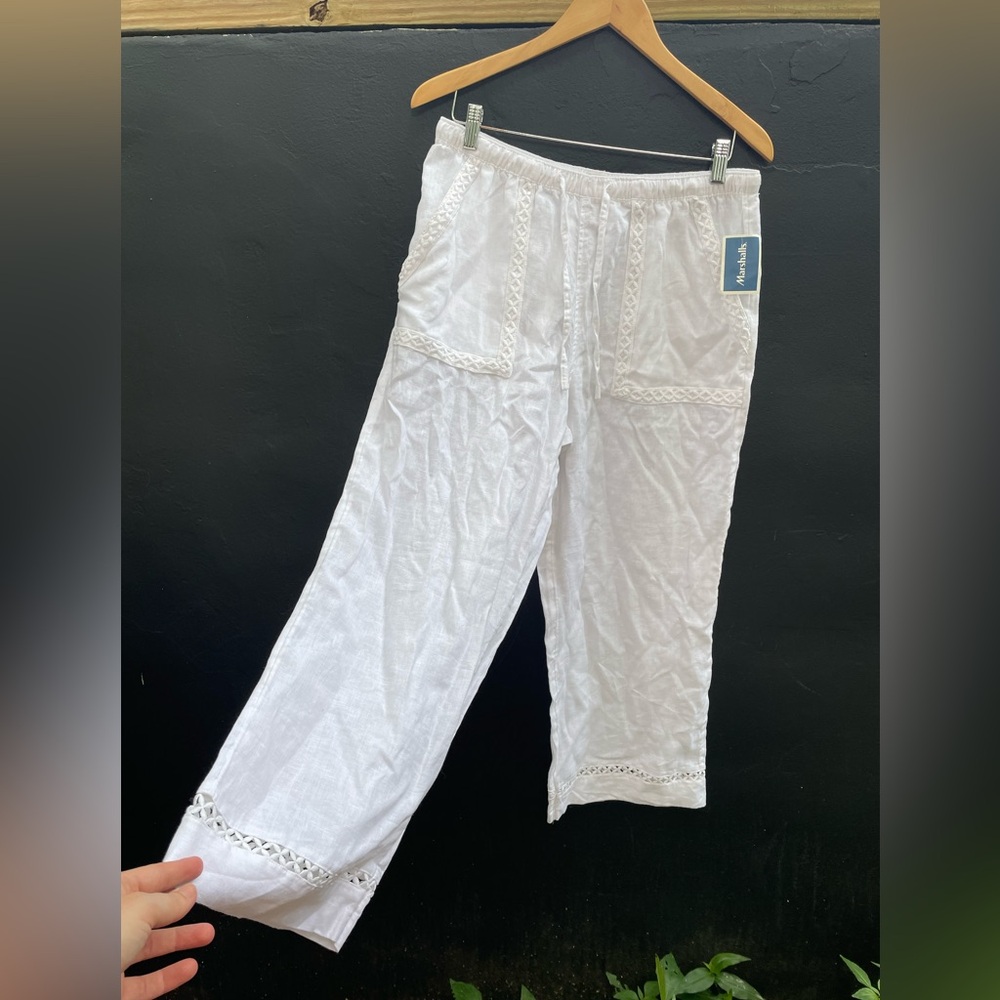 NWT 100% Linen Joie cropped wide leg embroidered pants, size M